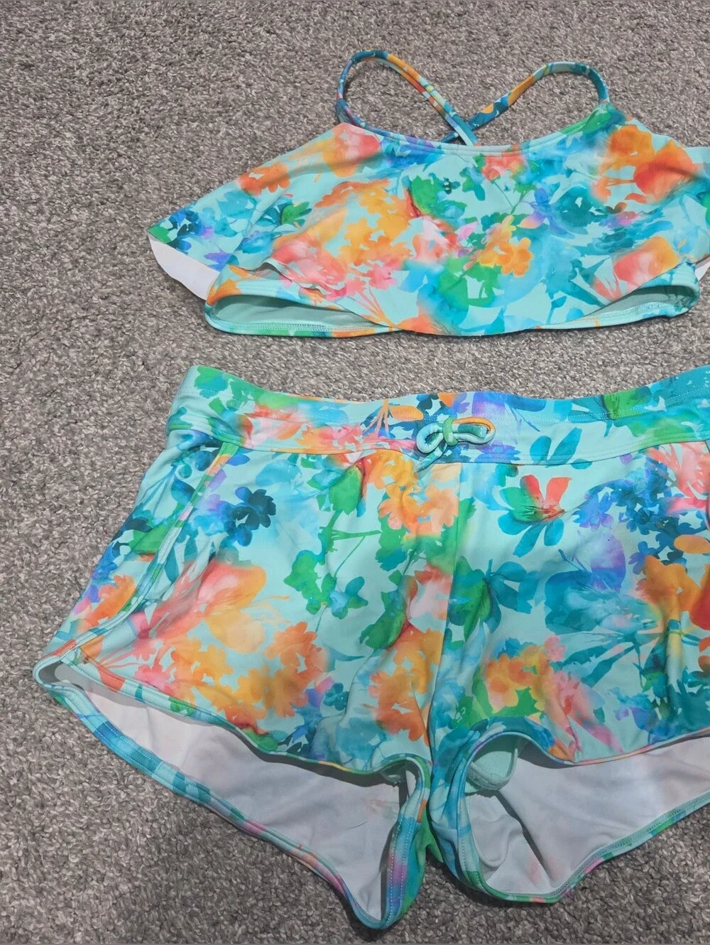 Athleta Girl Floral Crisscross Swim Top& Swim Shorts - Aqua Multi Girls Size XXL